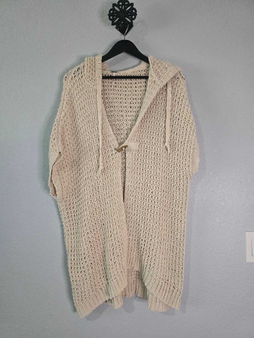 Free People Cream Open Knit Hooded Poncho Cardigan - S